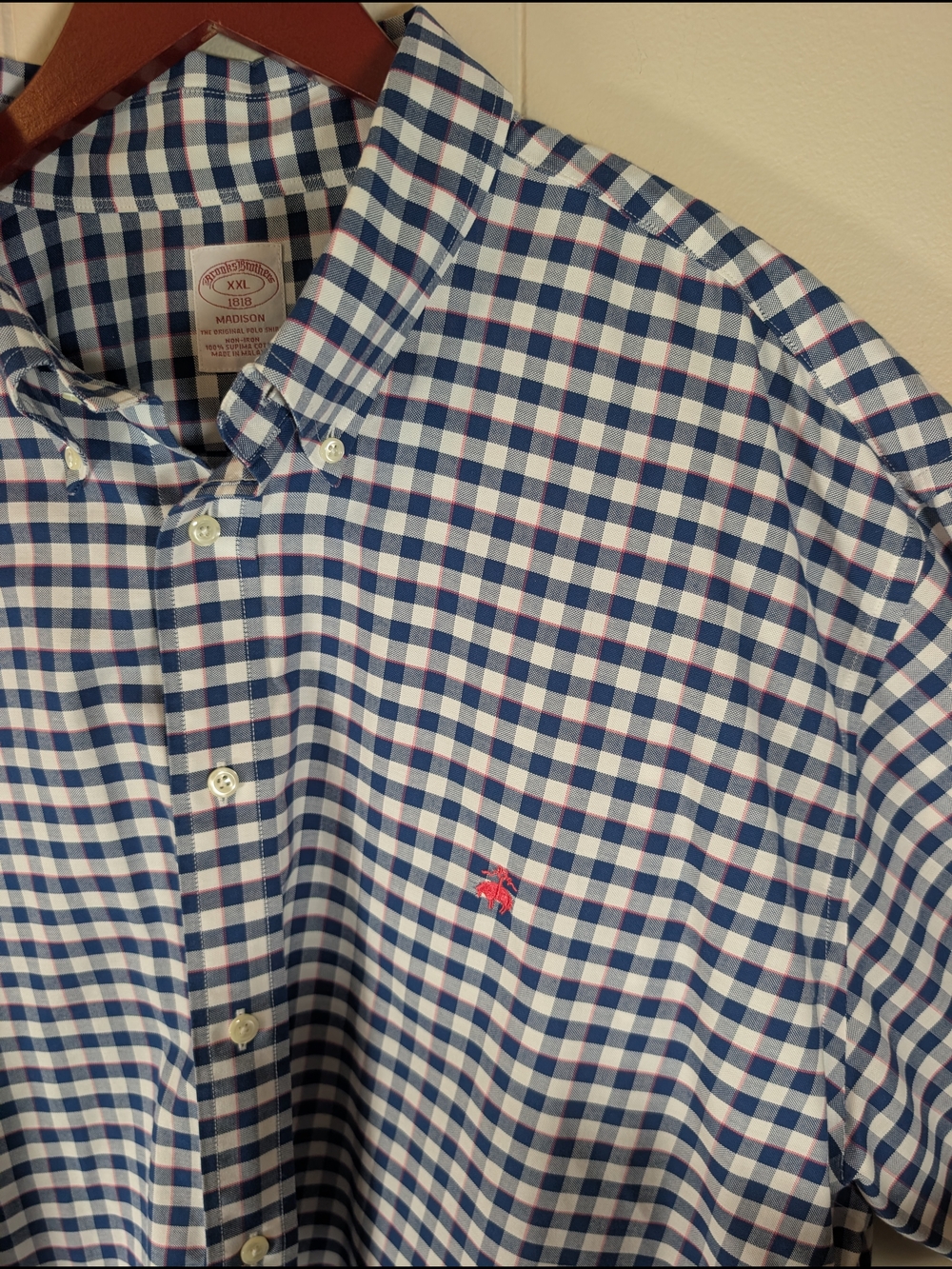 Brooks Brothers Madison Button Down Shirt XXL Blue Gingham Non-Iron Cotton
